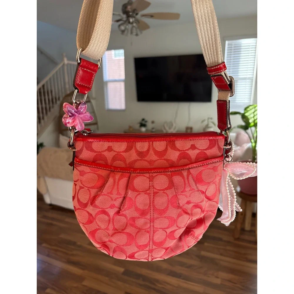 Coach Signature C Red Jacquard Canvas Crossbody Bag Small Messenger Purse
